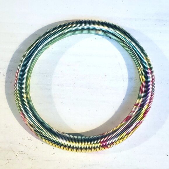 Printed Design Stretch Stainless Steel Coil Green Multicolor Bangle Bracelet #6 - Picture 6 of 7